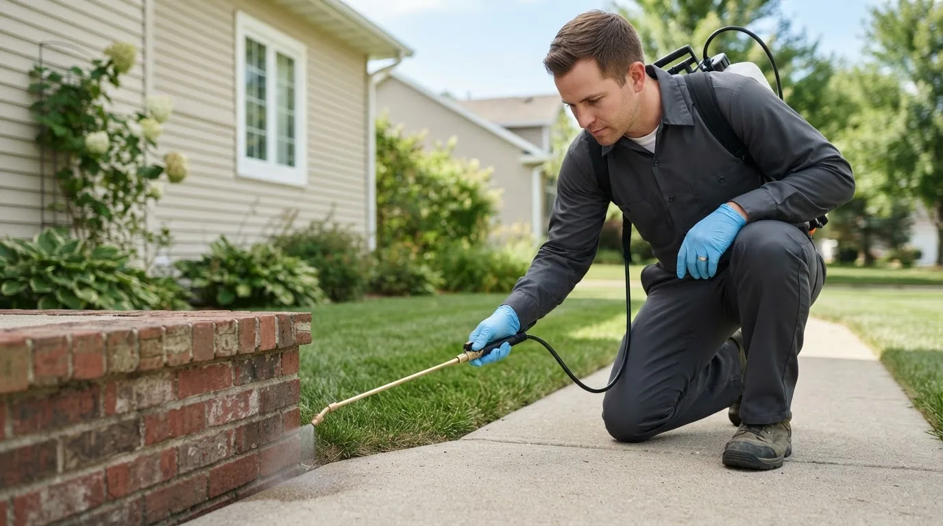 Pest control technician treating a home near Ramona, OK
