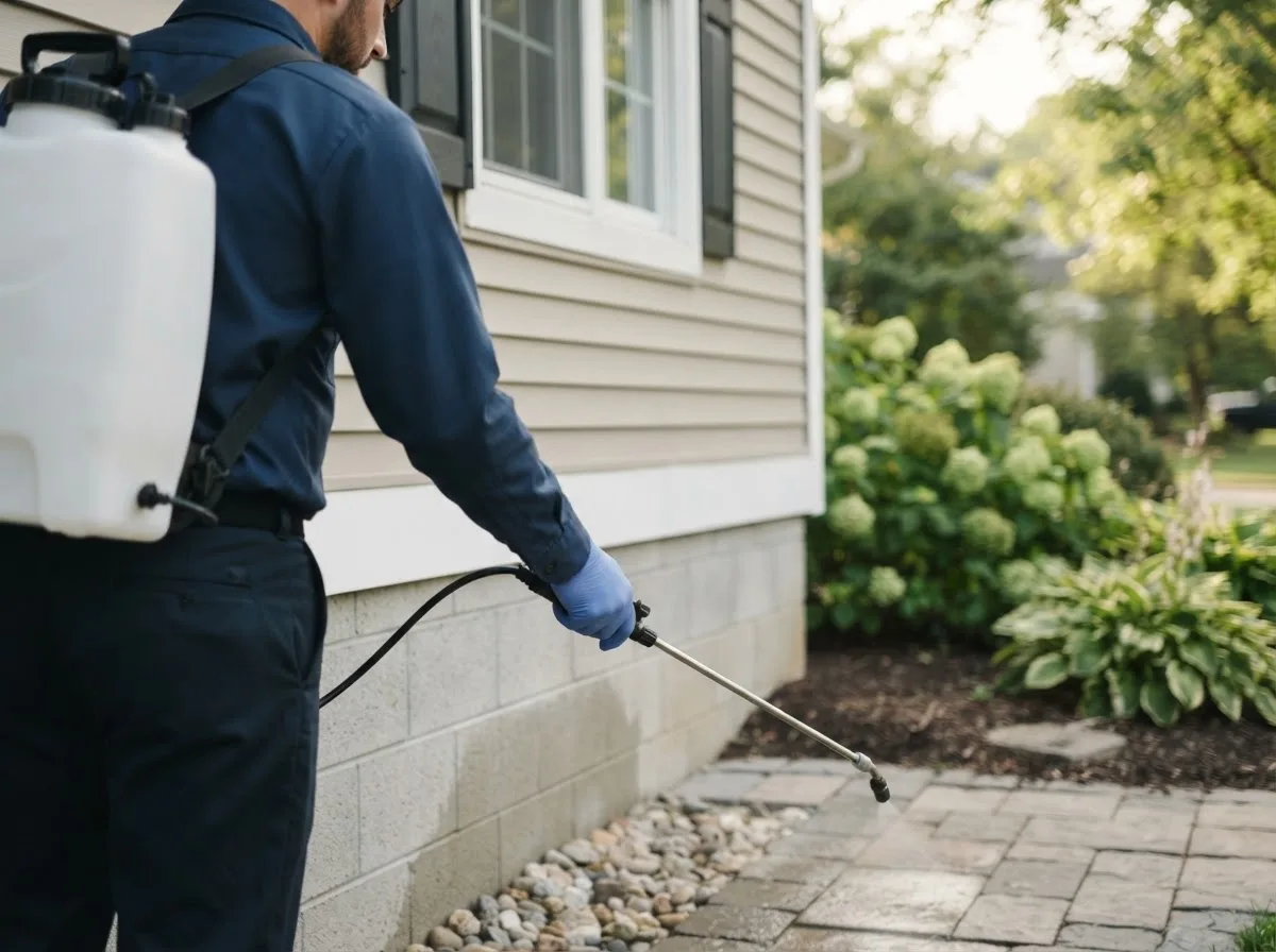 Pest control technician inspecting a home in Ramona, OK
